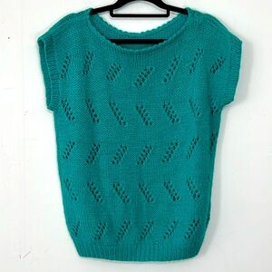 🌞 Green sleeveless open knit sweater pattern oval neckline women size M